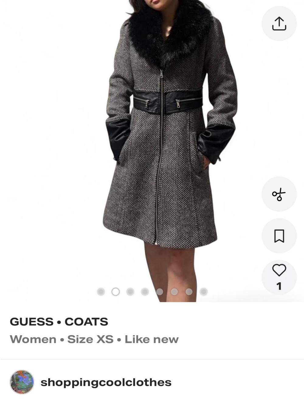 GUESS Black and Gray Tweed Trench Coat with Faux Fur Collar